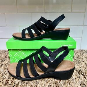 St. John's Bay Irene Black Elastic Strappy‎ Wide Width Wedge Sandals - Size 10W